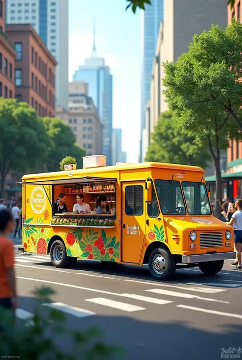 Create an image of a food truck called Health in Motion 