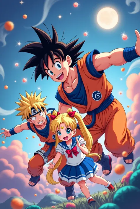 A whimsical illustration of famous anime characters like Goku, Naruto, and Sailor Moon