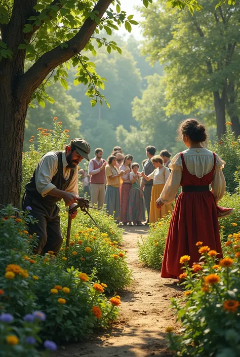 Gardeners pruning a garden while gypsies play bulerias.