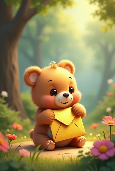 I want an image of a little bear opening a golden envelope in animation format