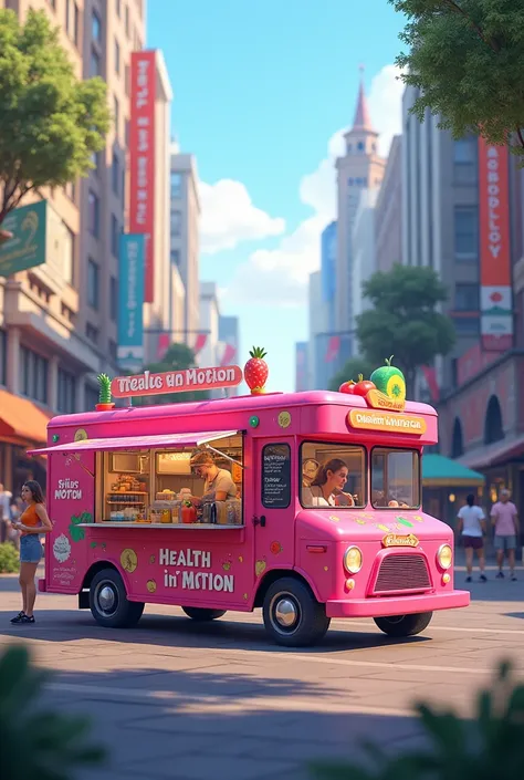 Create an image of a pink food truck called Health in Motion 