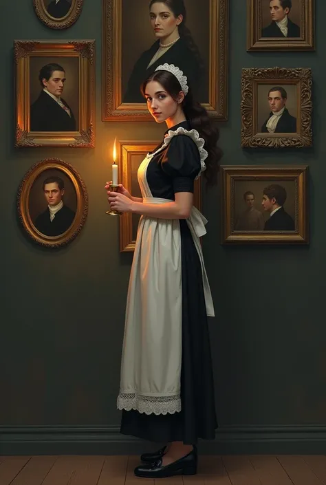 Draw an illustration of a woman dressed as a maid, holding a candle, standing in front of a wall full of portraits.
Change the composition to a frontal view, and have the woman turn her back to the portrait and look at the screen. 