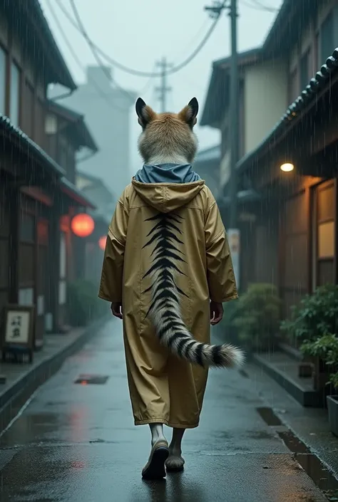 A dog , with human body with the Worlds Cutest light black Tiger Pattern Wore Period Drama-style Rain Coats Walking in heavier Rain、((Realistic:1.3)) ,Grey World、Streets in the Edo Period 