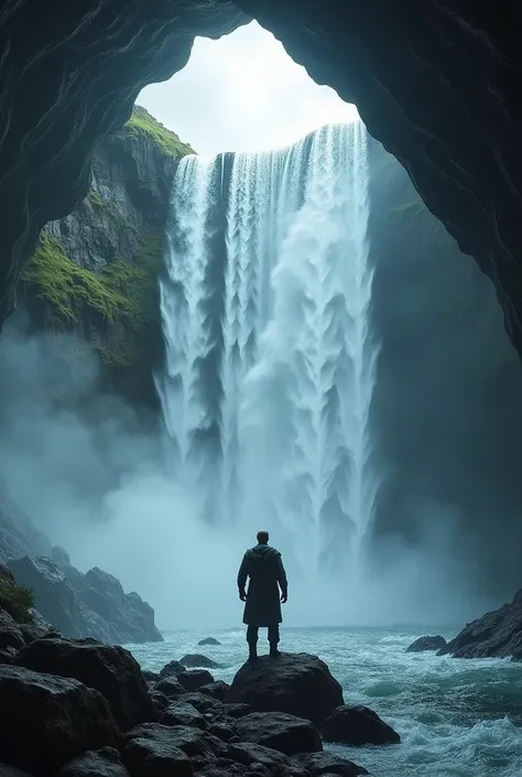 Waterfall flooding in cave a man waiting for someone 