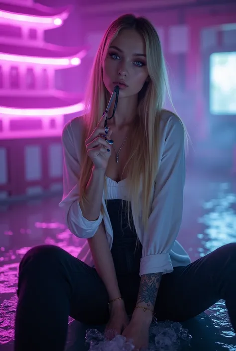 real full-length photo of a woman with long straight blonde hair blue eyes dark brown eyeshadow and tattooed , seen in the distance wearing a white shirt and a black corset and black pants while you are sitting smoking a fake joint over an ice tub while yo...