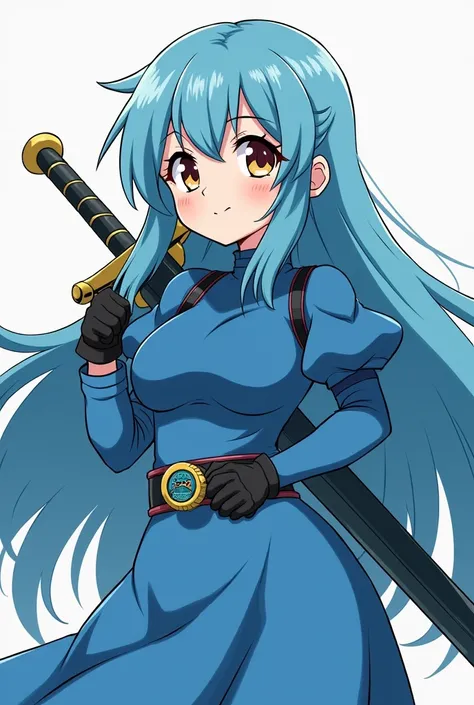 a cartoon image of a woman in a blue dress holding a sword,  inspired by Leiko Ikemura , pixiv, some kind, anime monster girl, Krystal from Star Fox, Lamia, serpentine pose, Shirabii, Female Fursona, Sona is thin,  Completely robotic !! girl ready, collect...