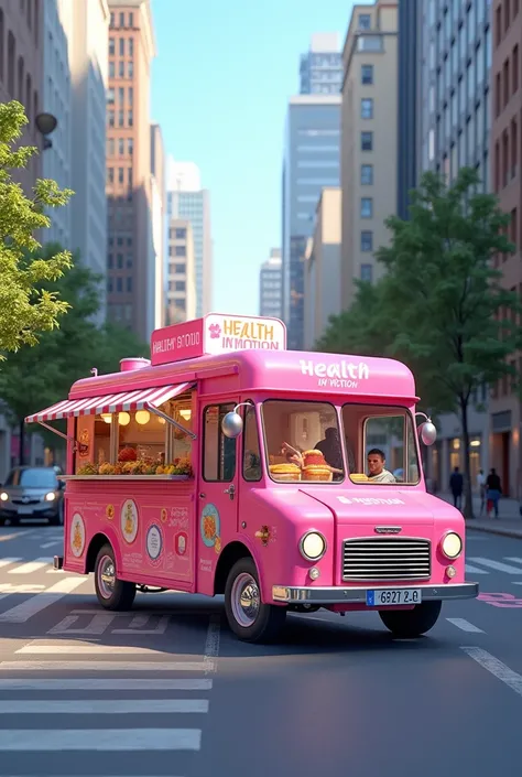 Create an image of a pretty pink food truck called Health in Motion Better