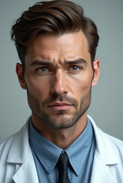 Believe me the image of a black-eyed grey-eyed doctor Ultra-realistic man with brown hair wearing white clothes