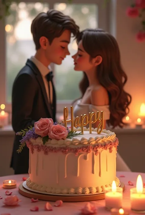 Generate an image in which Me and My Girlfriend cutting our first love anniversary cake and write Happy  together on cake