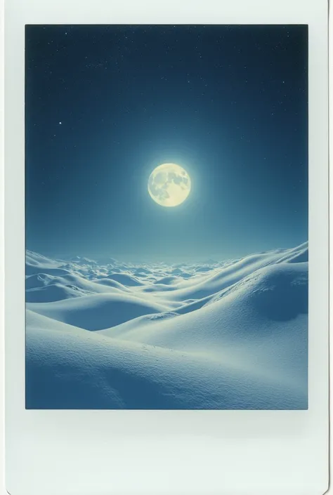  beautiful polaroid photo, photo in white frame, snow, winter moon, stars, beautiful winter, snowdrifts, high detail