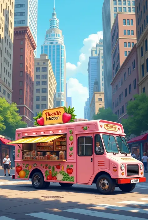 Create an image of a pretty pink food truck called health in motion better than its in the middle of the road
