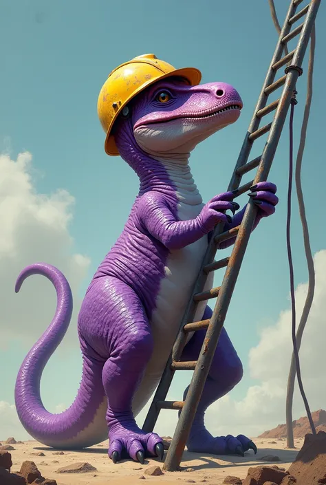 I want you to create a purple dinosaur with a work helmet on its head, climbing a ladder on a pole.