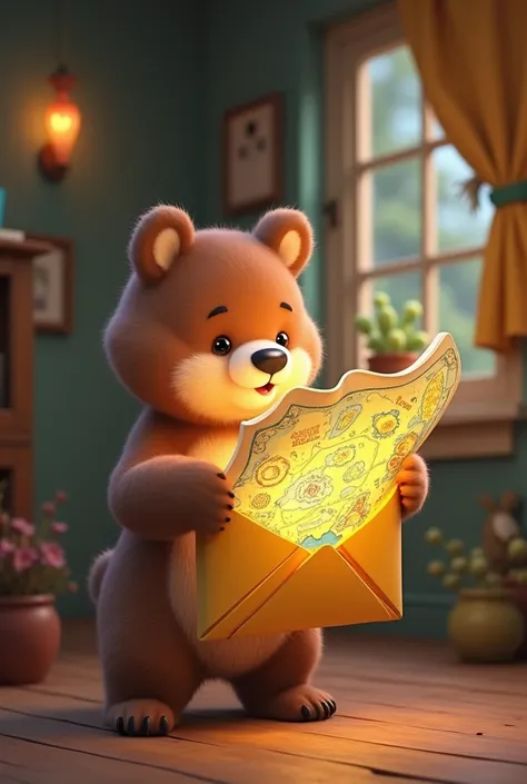 I want an image of a little bear opening a golden envelope and holding an animated map