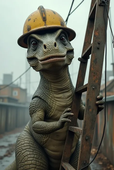 I want you to create an old dinosaur with a work helmet on its head, climbing a ladder on a pole.