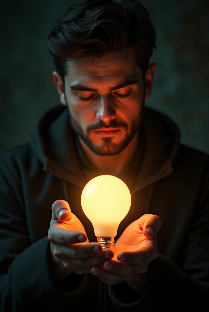 A man holds a LED light bulb in his hands