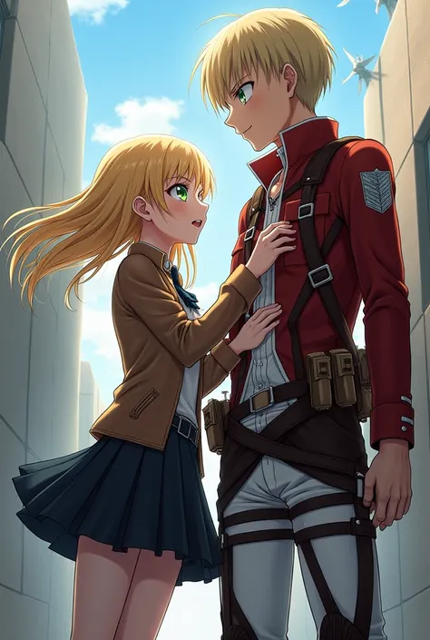 An anime girl with green eyes and blond hair in uniform stands next to Levi Ackerman Attack on Titan 