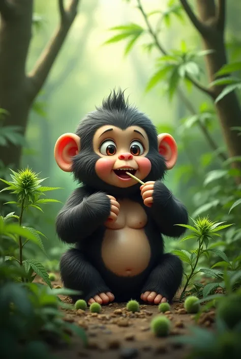 A baby Kewpie gorilla with a cute face happily smoking marijuana in a jungle of marijuana flowers