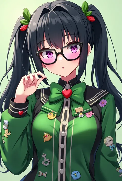 Vtuber "Du Mộng" of Framers in anime style, green and black theme clothes, lots of cute charms sticks to the clothes, two different color eyes pink and purple. Wear gradient glasses, black hair, wear a green bow tie with a red heart on the center of the bo...