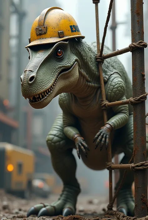 I want you to create an old dinosaur with a work helmet on its head, climbing a fiber ladder attached to a pole.