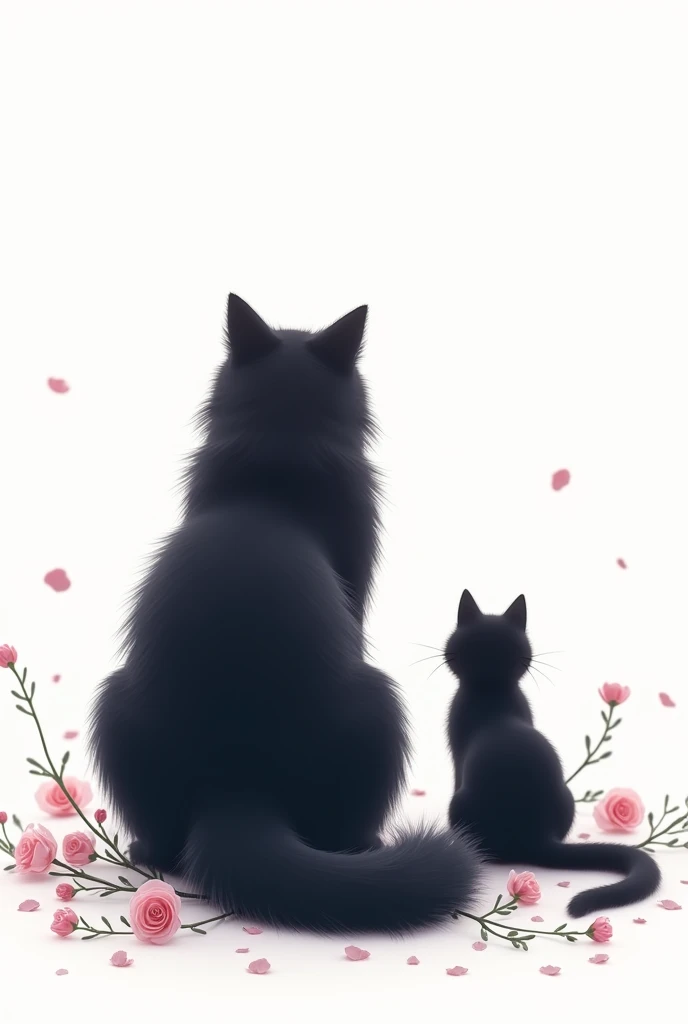 2 silhouettes de chats de dos dont 1 gros chat a poils long ,avec des fleurs sur fond blanc 