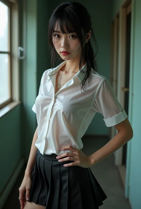 A 18 years old girl in japanese school uniform standing sexy post with wet shirt and can see through shirt lifting up skirt