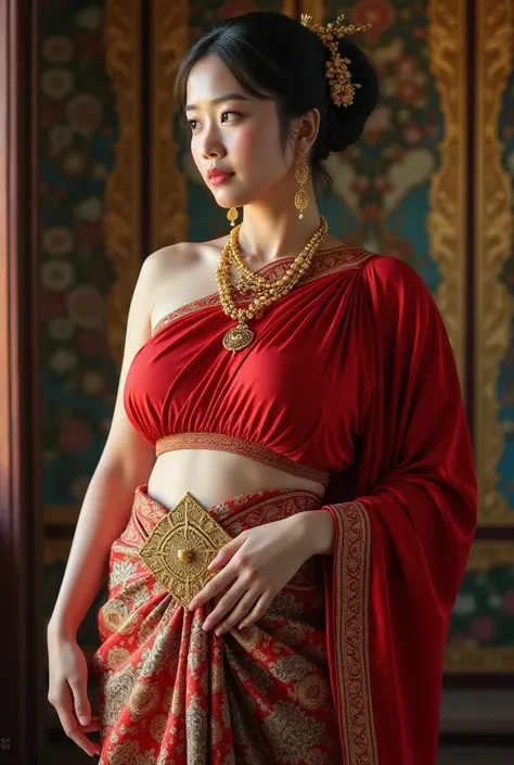 realistic,buxom chested, unreal maya,Breasts are so huge that I cant even unimaginably, voluptuous, A young thai woman dressed in traditional
Thai outfit is inspired by the fashion from the late
Ayutthaya period (1707-1767 CE). The ensemble
features a sing...