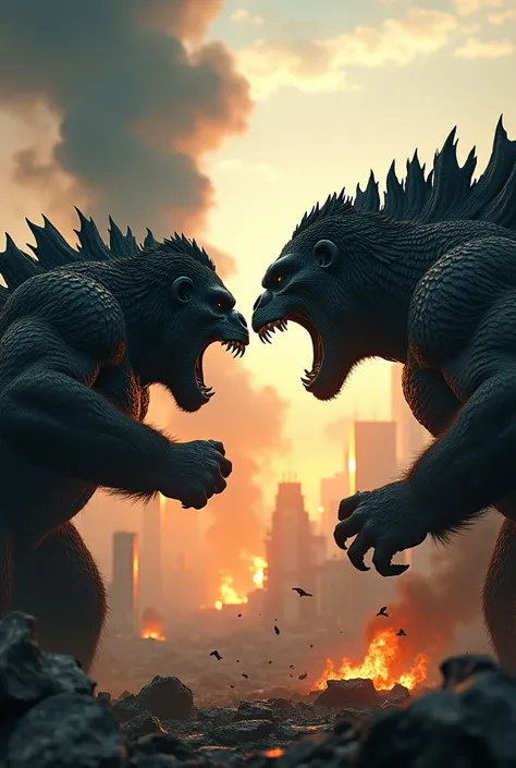 Create a dramatic image of King Kong and Godzilla facing each other in a furious confrontation. Both should have intense, angry expressions, and their postures should radiate power and aggression. The background is a destroyed cityscape, with crumbling bui...