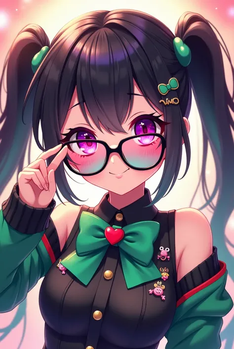 Vtuber "Du Mộng" of Framers in anime style, green and black theme clothes, lots of cute charms sticks to the clothes, two different color eyes pink and purple. Wear gradient glasses, black hair, wear a green bow tie with a red heart on the center of the bo...