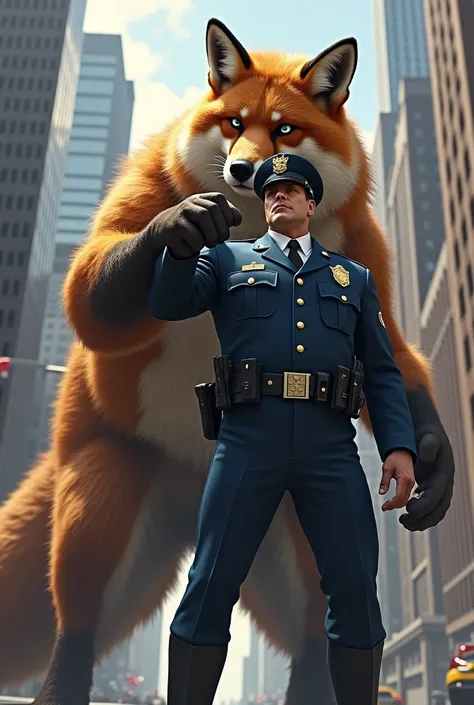 police sergeant standing in front with his right hand on the head of a giant fox