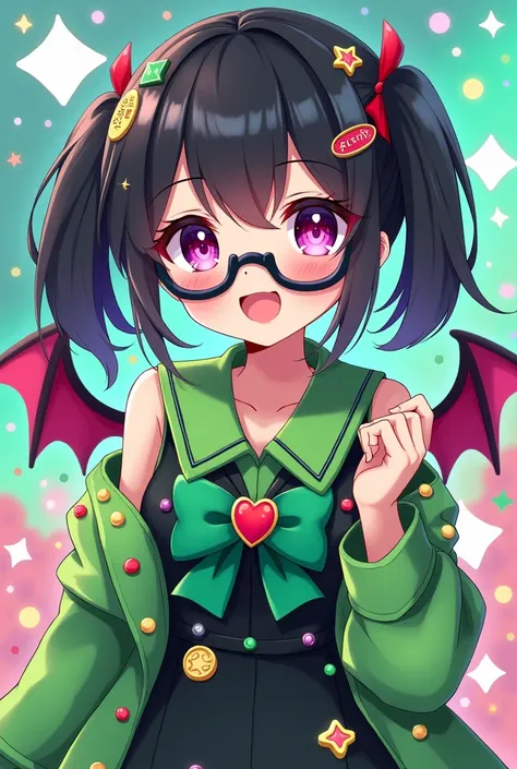 Vtuber "Du Mộng" of Framers in anime style, green and black theme clothes, lots of cute charms sticks to the clothes, two different color eyes pink and purple. Wear gradient glasses, black hair, wear a green bow tie with a red heart on the center of the bo...