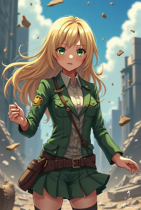 A beautiful anime girl with green eyes ,  blond hair in uniform will scatter her hulls from the attack of the titans 