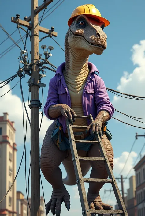  I want you to create an old dinosaur with a purple shirt and a work helmet on its head, Installing internet on top of a ladder on a pole .