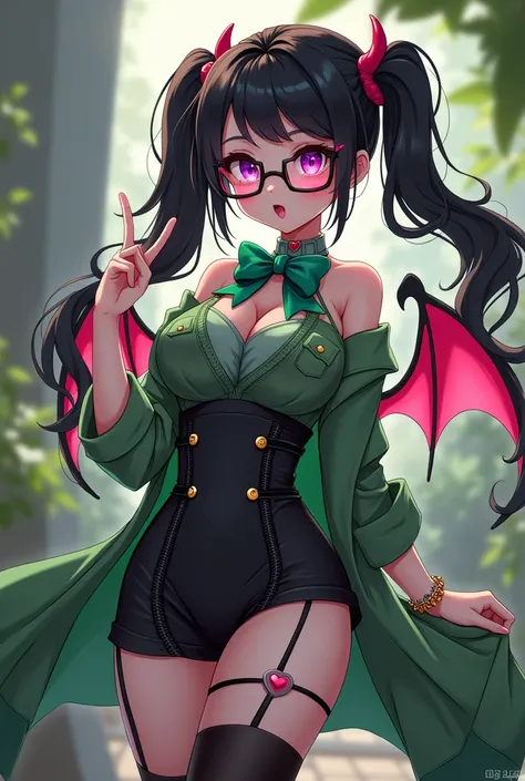 Vtuber "Du Mộng" of Framers in anime style, green and black theme clothes, lots of cute charms sticks to the clothes, two different color eyes pink and purple. Wear gradient glasses, black hair, wear a green bow tie with a red heart on the center of the bo...