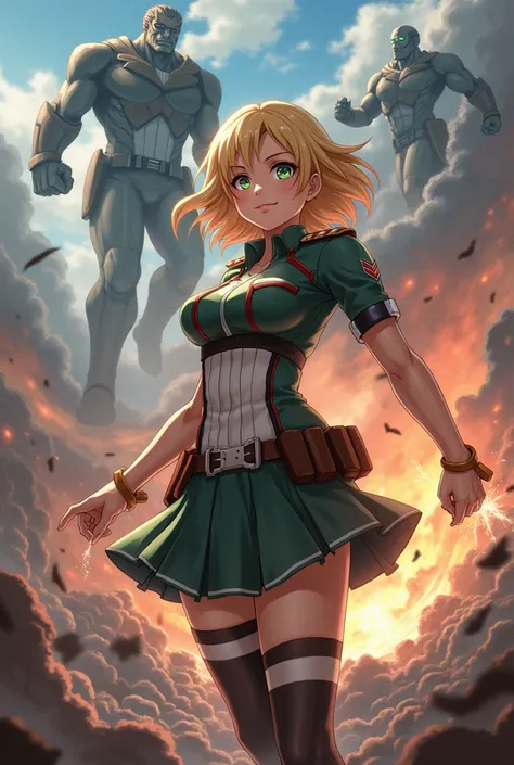 A beautiful anime girl with green eyes , with blond hair up to the shoulders in uniform, he will tear apart the bodies from the attack of the titans 