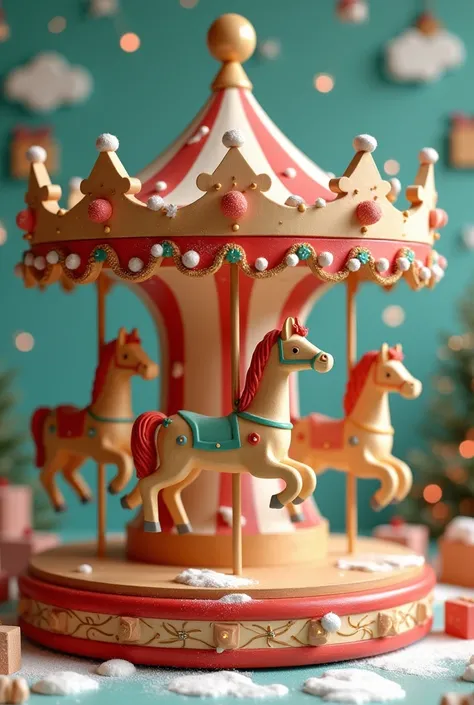 Carousel of wooden horses decorated with Christmas motifs and preschool backgrounds