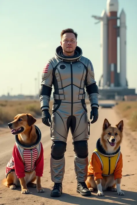 Elonk Musk in a space suit ,  in the background of the Space X  ,  next to it two dogs as co-pilots in space uniforms with the names written on the chest  ,  the names are DogTurbo and CarameloCoin the CarameloCoin its uniform refers to the colors of the B...