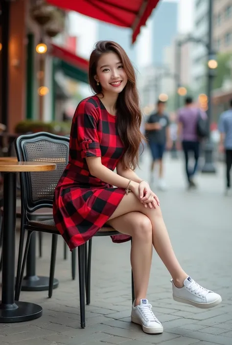  On the terrace of a cafe in the city, a brown-haired 23 years old korean woman, sakimichan, E cup breast, chinese model. sit elegantly on chair near the table. She is wearing a red and black short plaid dress and white sneakers. her long, good figure, sho...