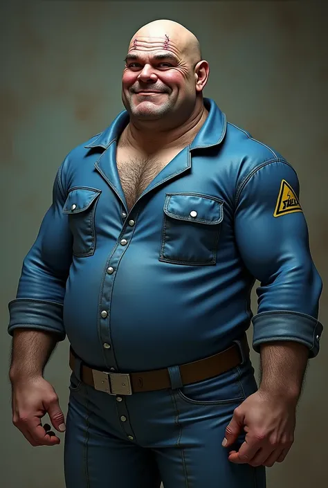  A muscular man, bald and smiling , a little ugly ,  wearing a blue shelter suit from the Fallout saga, un rostro con cicatrices y a little ugly , a little younger, Like in your 20s and fatter