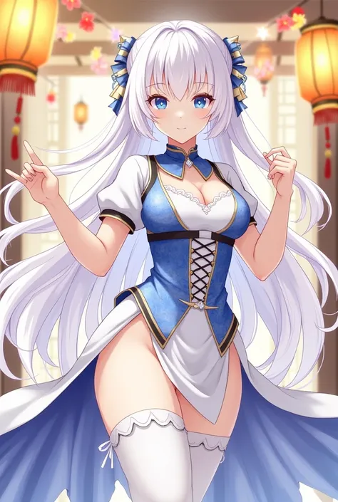 masterpiece, best quality, 1girl, illustrious (maiden lilys radiance) (azur lane), white hair, very long hair, blue eyes, hair ornaments, breasts, cleavage, china dress, chinese clothes, official alternate costume, white thighhighs, garter straps, short sl...