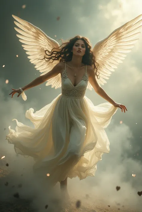 A realistic-looking woman in elegant clothing running after a heart with wings that is far from eya heart with wing 