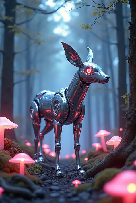 *A cyber forest ,  with robotic animals ,  with artificial silver created with Galactic technology,  wearing neon colors *