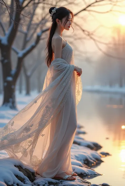 A realism girl, in a river side, wearing a sare, silver elegant white sare with beautiful patterns, light smile, showed full body, full body, long legs, sandals. evening scene, snowy day, highlighting her hair, realistic, realism, real chinese girl.