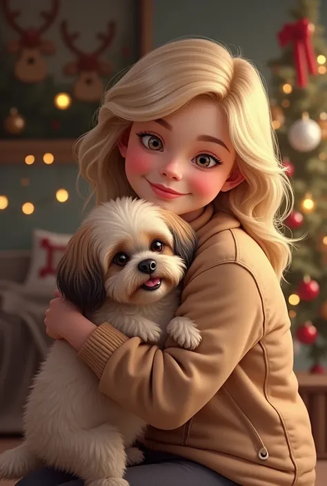 Chubby blonde woman with beige shit tzu at Christmas 