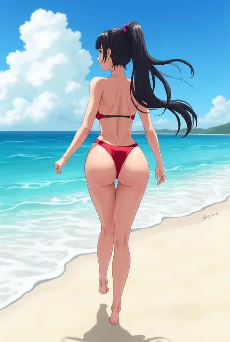 Shizuka Minamoto in a swimsuit with more breasts and hips, walking on the beach showing their buttocks