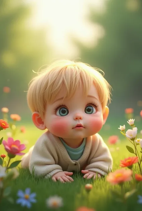 Cute baby park jimin. Blond hair. Photorealistic lighting style 