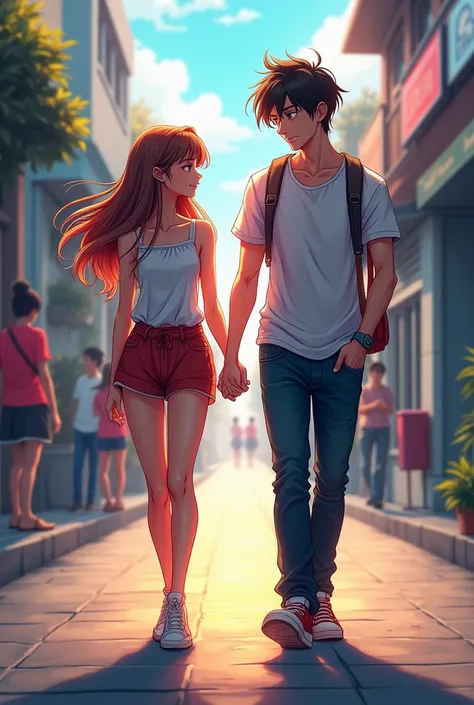 A cool anime guy with a girl holding hands