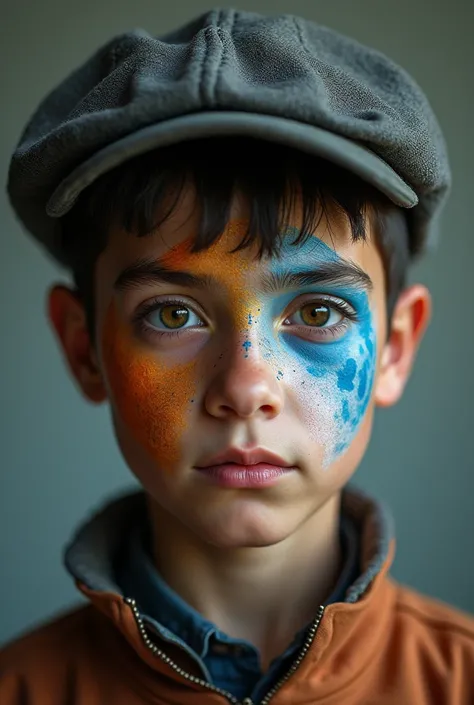 (photorealism:1.2), an uzbek boy with a picture of the moon on his face and a cap on his head 
