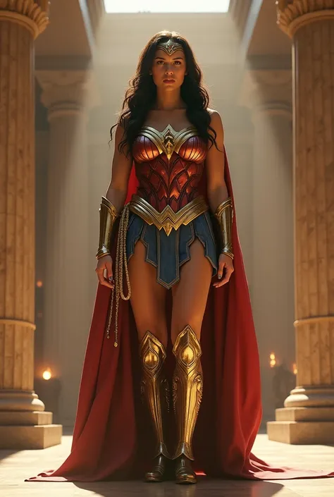  Hyper realistic image of Wonder Woman dressed in golden armor of the knights of the zodiac, In the background of the Temple of Athena 