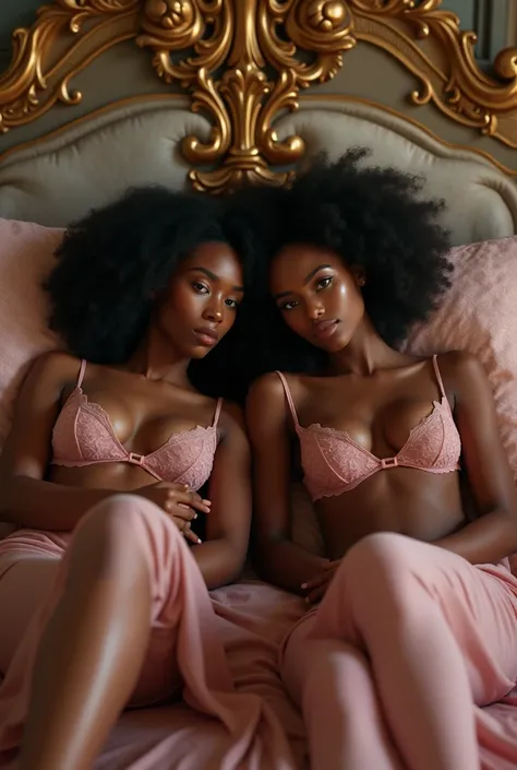 two 18-year-old African-American twins in the baroque room wearing pink lingerie.  LYING ON THE BED 