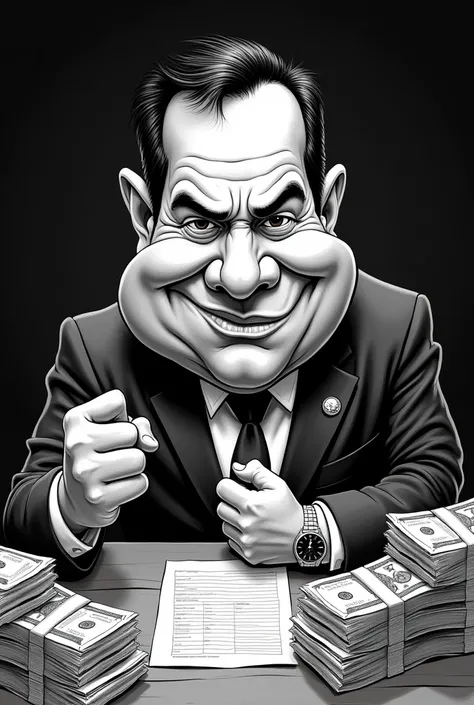 Can you show me simple  sketch of a caricature of the Philippine presidents whos hiding a billion fund from his constituents 